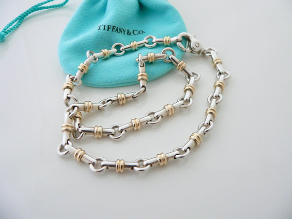 Tiffany & Co Silver Gold Bar Link Tube Necklace Pendant Chain Gift Pouch Cocktail Party Heavy