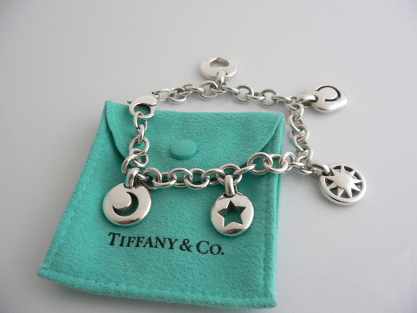 Tiffany & Co Silver Heart Sun Star Moon Horseshoe Bracelet Stencil Charm Bangle