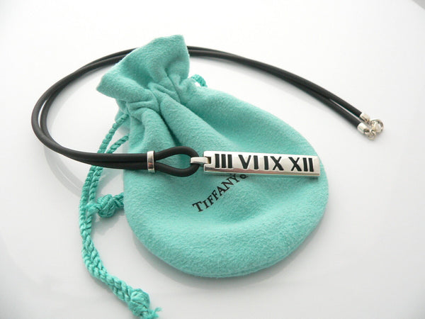 Tiffany & Co Silver Atlas Bar Surfer Necklace Rubber Cord 20 In Long Gift Pouch