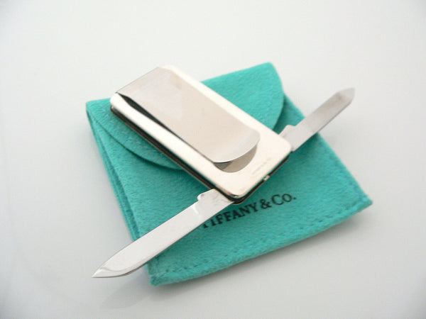 Tiffany & Co Silver Stripe Knife Nail File Money Clip Holder Rare Gift Pouch