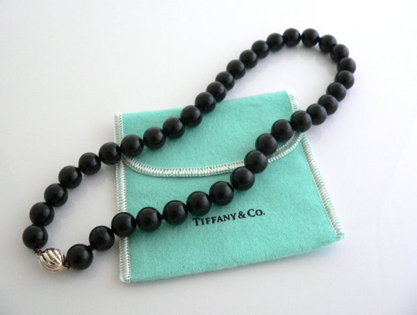 Tiffany & Co Onyx Bead Necklace Pendant Chain Twirl Clasp Silver Love Gift Pouch
