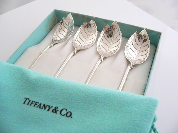 Tiffany & Co Leaf Mint Julep Iced Tea Spoons Straw Rare Set Of 4 Silver Gift Art