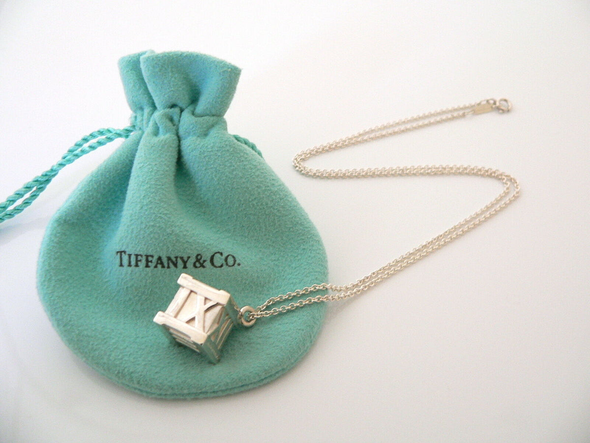 Tiffany Co Atlas Cube Necklace Large Pendant Charm 18 In