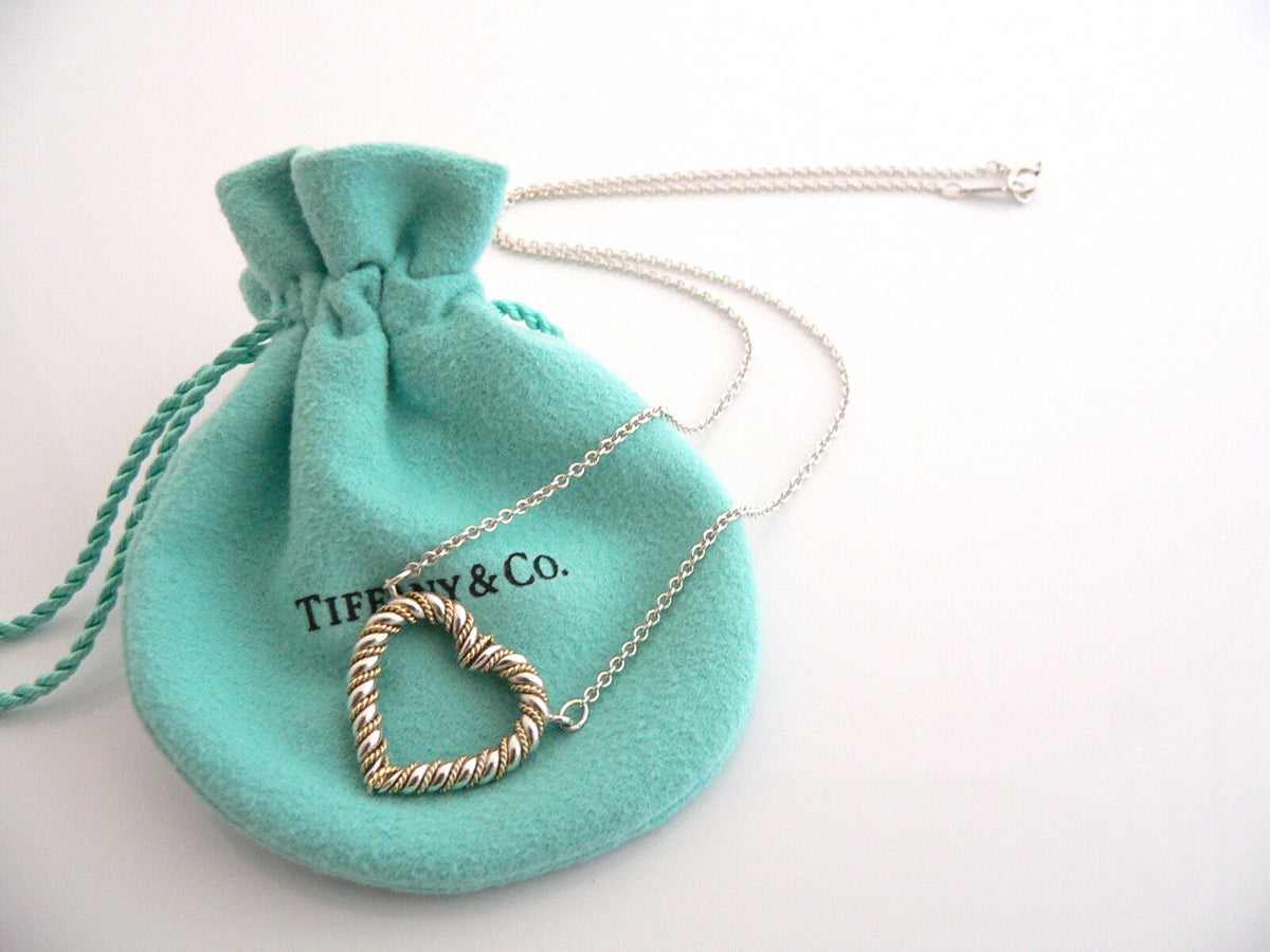 Tiffany Co Silver 18K Gold Heart Rope Necklace Pendant Solitaire Charm Gift