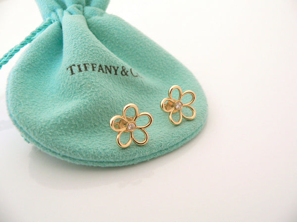 Tiffany & Co Diamonds 18K Gold Flower Earrings Studs Nature Gemstone Gift Pouch