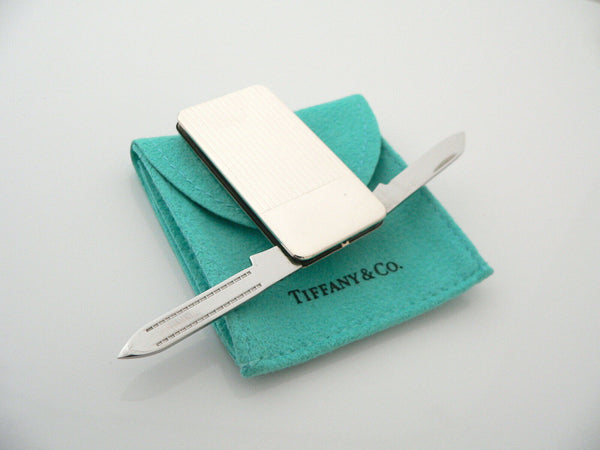 Tiffany & Co Silver Stripe Knife Nail File Money Clip Holder Rare Gift Pouch