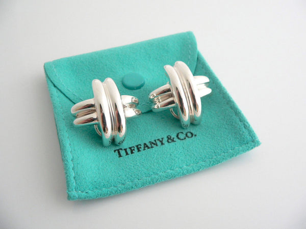 Tiffany & Co Silver Large Signature X Clip On Earrings Gift Pouch 1 Inch Size