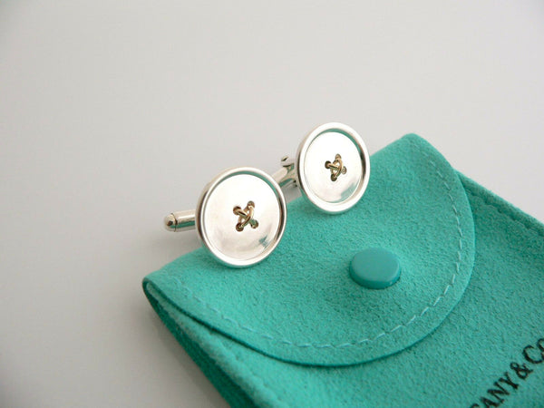 Tiffany & Co Silver 18K Gold Button CuffLinks Cuff Links Rare Pouch Classic Gift