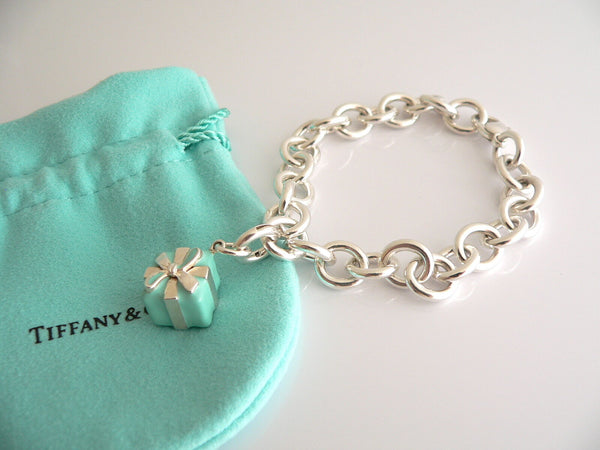 Tiffany & Co Silver Blue Enamel Gift Box Bracelet Bangle Charm Clasp Gift Pouch