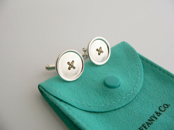 Tiffany & Co Silver 18K Gold Button CuffLinks Cuff Links Rare Pouch Classic Gift