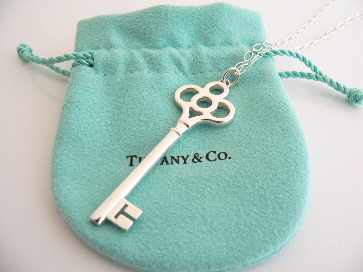Tiffany Co Silver Large Crown Key Necklace Pendant 30 inch Oval - Main Image