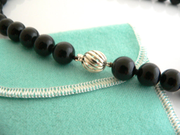 Tiffany & Co Onyx Bead Necklace Pendant Chain Twirl Clasp Silver Love Gift Pouch