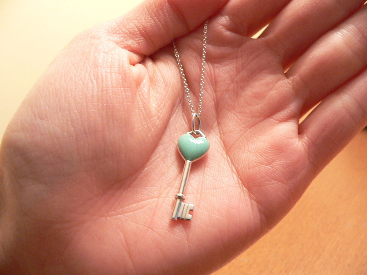 Tiffany Co Turquoise Blue Enamel Heart Key Necklace Pendant