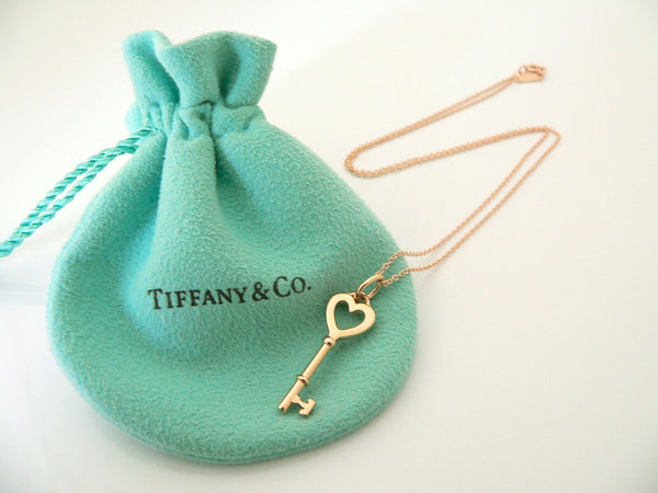 Tiffany & Co 18K Rose Gold Heart Key Necklace Pendant Chain Gift Pouch Love