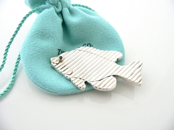 Tiffany & Co Silver 14K Gold Blue Sapphire Fish Pin Brooch Gift Pouch Love Rare