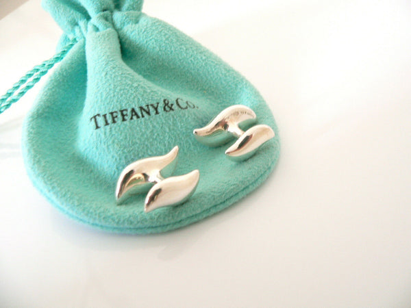 Tiffany & Co Silver Peretti Blue Enamel Feather Wave Cuff Links Cufflinks Gift
