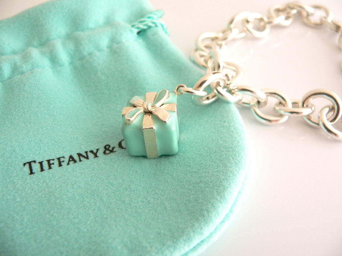 Tiffany & Co Silver Blue Enamel Gift Box Bracelet Bangle Charm Clasp Gift  Pouch