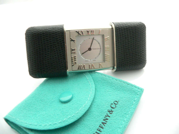 Tiffany & Co Atlas Travel Watch Clock Black Leather Excellent Vintage Gift Pouch
