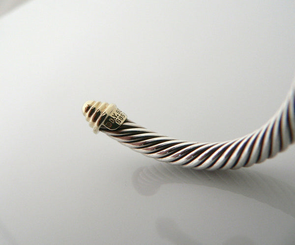 David Yurman 5MM Silver 14K Gold Cable Bangle Bracelet Textured Cuff Gift Love