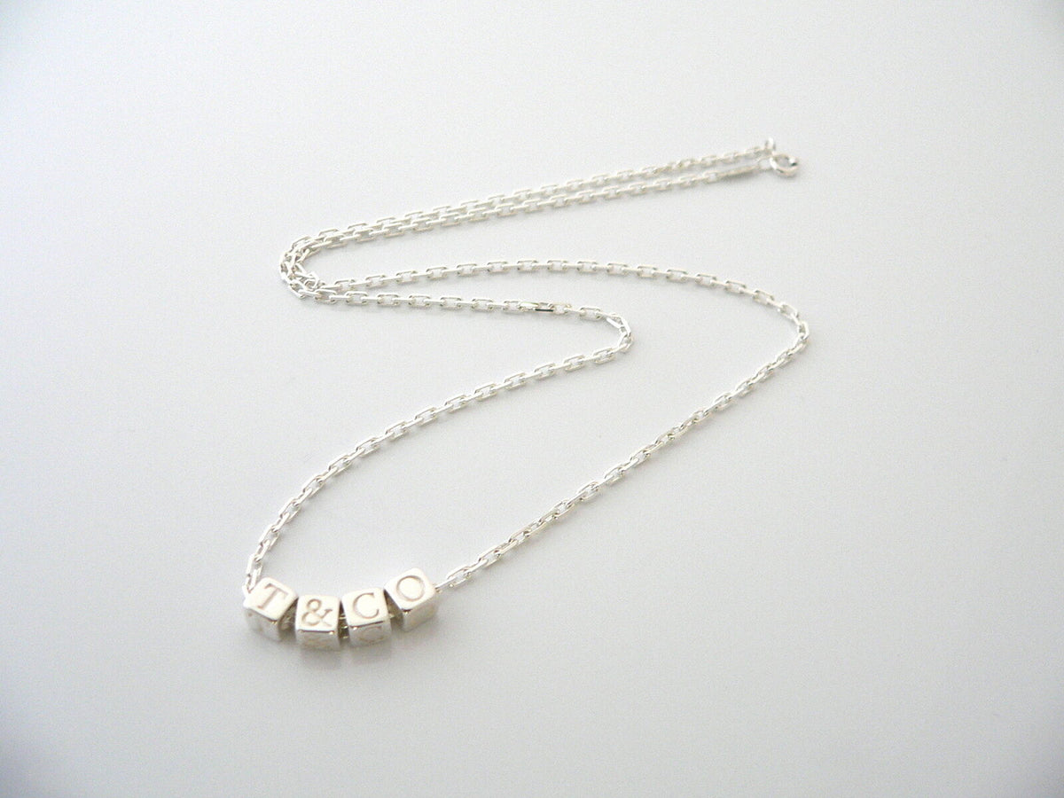Tiffany Co Silver ERA T Co Cube Necklace Pendant Charm 18