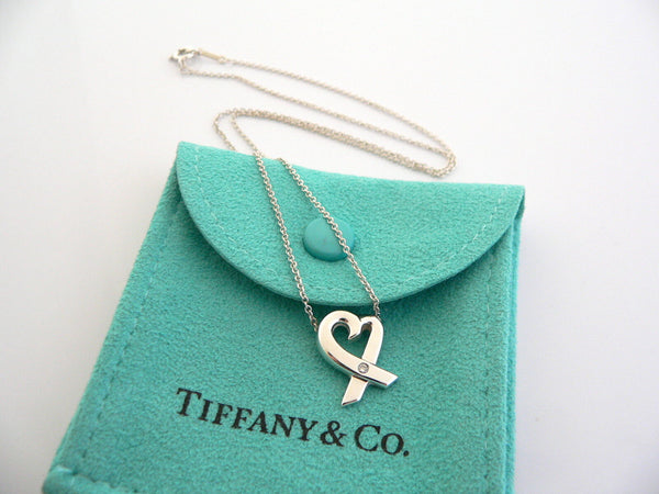 Tiffany & Co Silver Diamond Loving Heart Necklace Pendant Gift Pouch Love