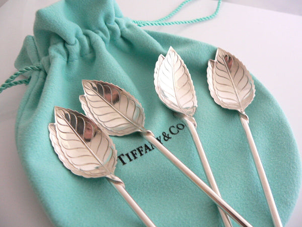 Tiffany & Co Leaf Mint Julep Iced Tea Spoons Straw Rare Set Of 4 Silver Gift Art