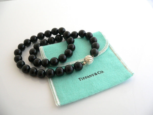 Tiffany & Co Onyx Bead Necklace Pendant Chain Twirl Clasp Silver Love Gift Pouch