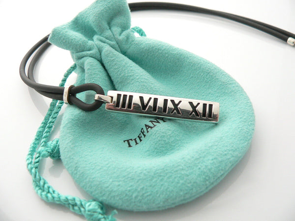 Tiffany & Co Silver Atlas Bar Surfer Necklace Rubber Cord 20 In Long Gift Pouch