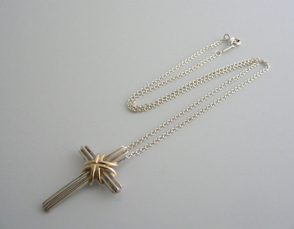 Tiffany & Co Silver 18K Gold Cross Necklace Pendant Charm 18 In Chain Gift Love