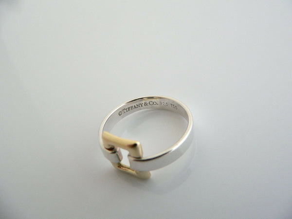 Tiffany & Co Silver 18K Gold Rectangle Ring Band Sz 7 Rare Gift Love Statement
