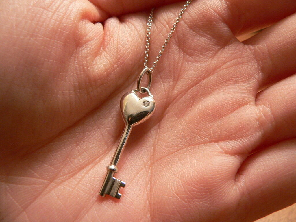 Tiffany Co Silver Diamond Heart Key Necklace Pendant Charm