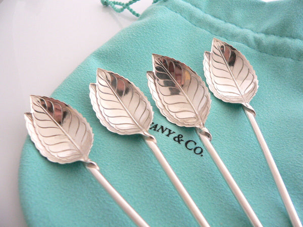 Tiffany & Co Leaf Mint Julep Iced Tea Spoons Straw Rare Set Of 4 Silver Gift Art