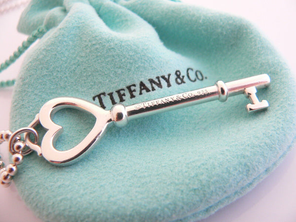 Tiffany Co Silver Large Heart Key Necklace Pendant Charm 34 in Chain Gift Pouch