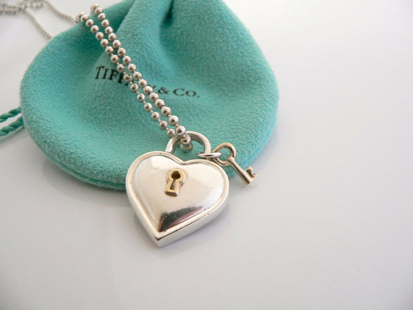 Tiffany & Co Silver 18K Gold Heart Key Necklace Pendant 20 Inch Gift Pouch Love