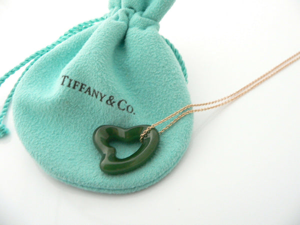 Tiffany & Co 18K Gold Large Jade Gemstone Heart Necklace Pendant Gift Love Pouch