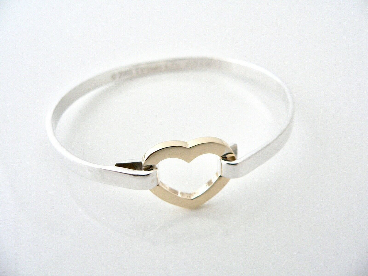 Tiffany Co Heart Bangle Silver 18K Gold Hook Bracelet Gift Love