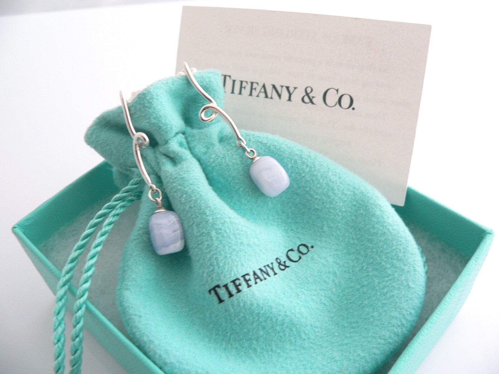Tiffany & Co Silver Blue Chalcedony Twist Dangling Dangle Earrings Rare Gift