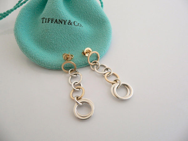 Tiffany & Co Silver 18K Gold Circles Dangling Dangle Earrings Love Gift Pouch
