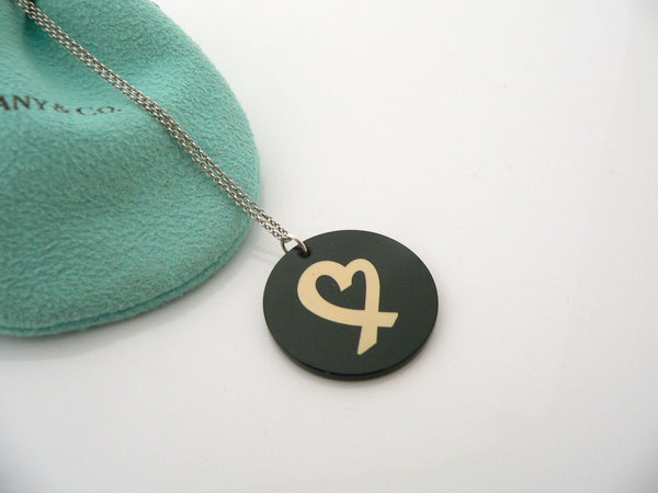 Tiffany & Co Heart Necklace Silver Black Circle Pendant 18.5 Inch Long Chain 925