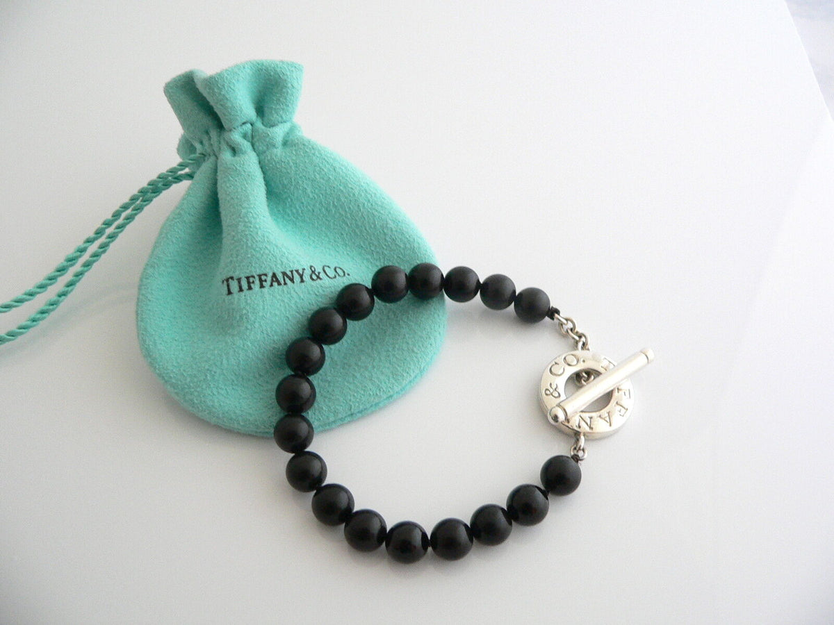 Tiffany Co Silver Onyx Bead Toggle Bracelet Bangle Gift Pouch Gemstone
