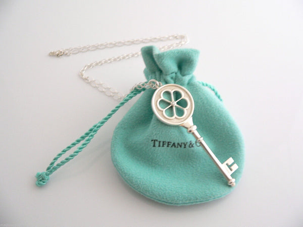 Tiffany Co Silver Diamond Blossom Key Necklace Pendant 24 inch Gift Love Pouch