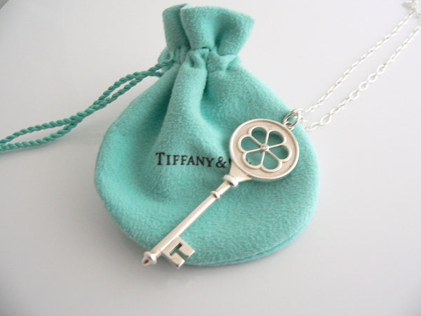 Tiffany Co Silver Diamond Blossom Key Necklace Pendant 24 inch Gift Love Pouch