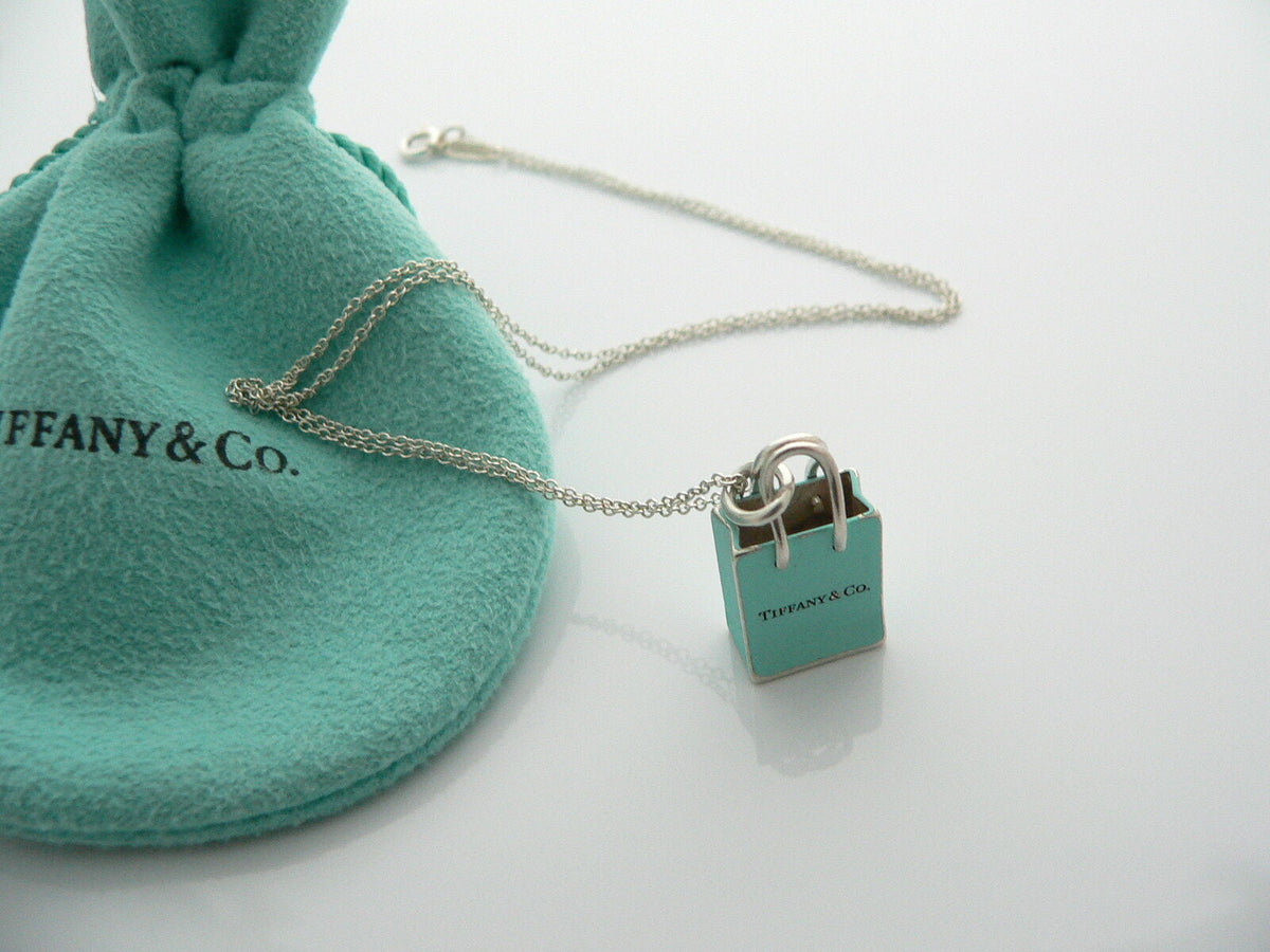 Tiffany Co Silver Blue Enamel Shopping Bag Necklace Charm