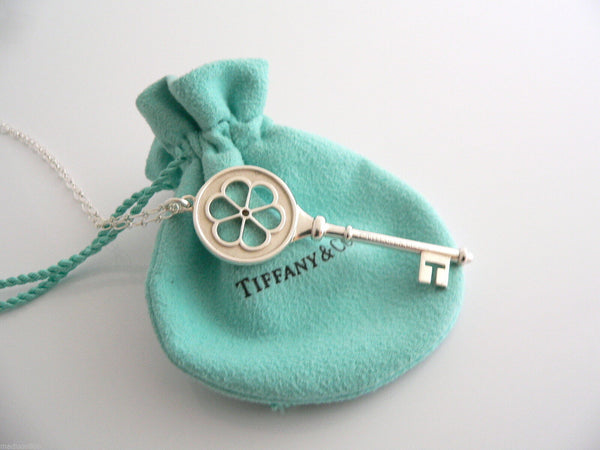 Tiffany Co Silver Diamond Blossom Key Necklace Pendant 24 inch Gift Love Pouch