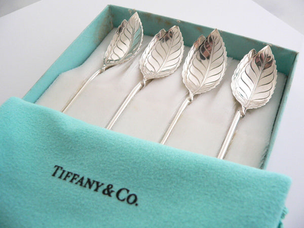 Tiffany & Co Leaf Mint Julep Iced Tea Spoons Straw Rare Set Of 4 Silver Gift Art