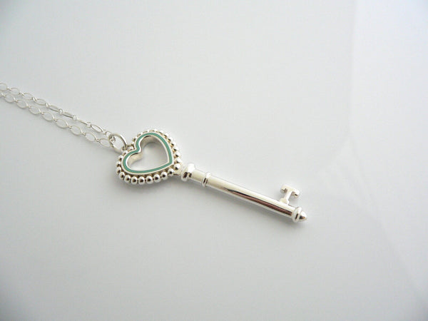 Tiffany Co Silver Blue Enamel Heart Key Necklace Pendant Bead Charm Gift Love