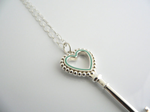 Tiffany Co Silver Blue Enamel Heart Key Necklace Pendant Bead Charm Gift Love