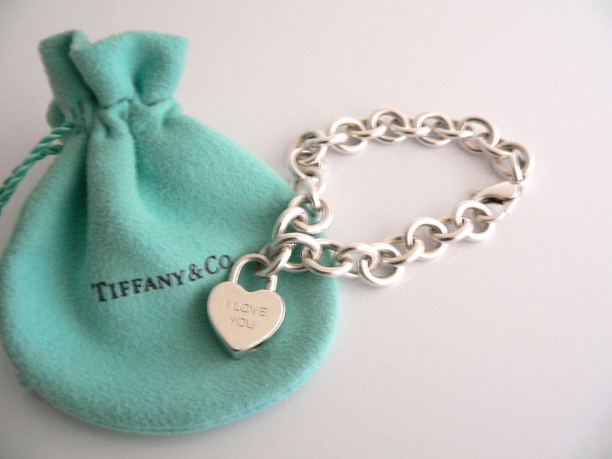 Tiffany Co Silver I LOVE YOU Heart Padlock Bracelet Bangle