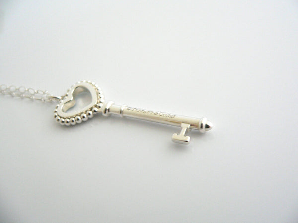 Tiffany Co Silver Blue Enamel Heart Key Necklace Pendant Bead Charm Gift Love
