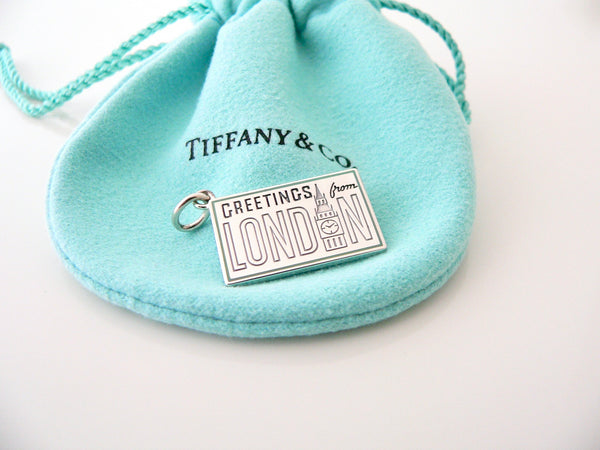 Tiffany & Co LONDON Postcard Blue Enamel Travel Charm Pendant 4 Necklace Bracelet MINT England UK